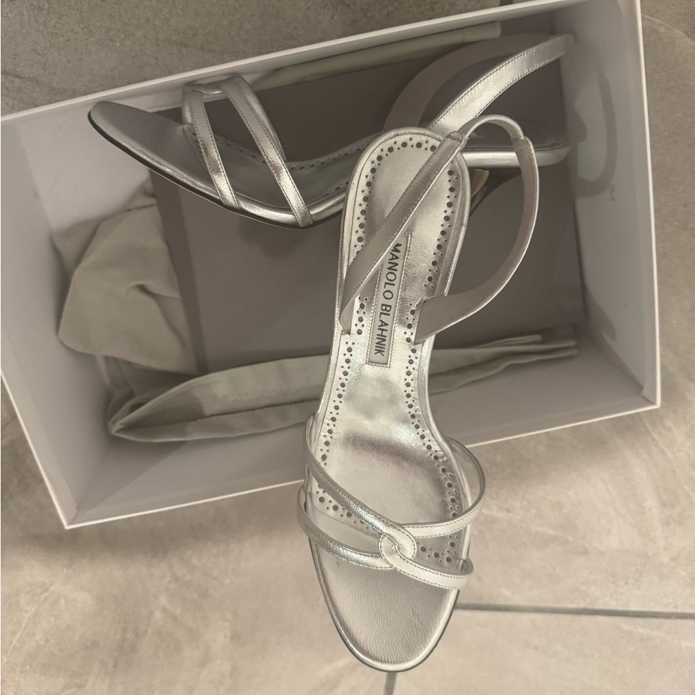 Manolo Blahnik Silver Metallic Slingback Heel Sandals
